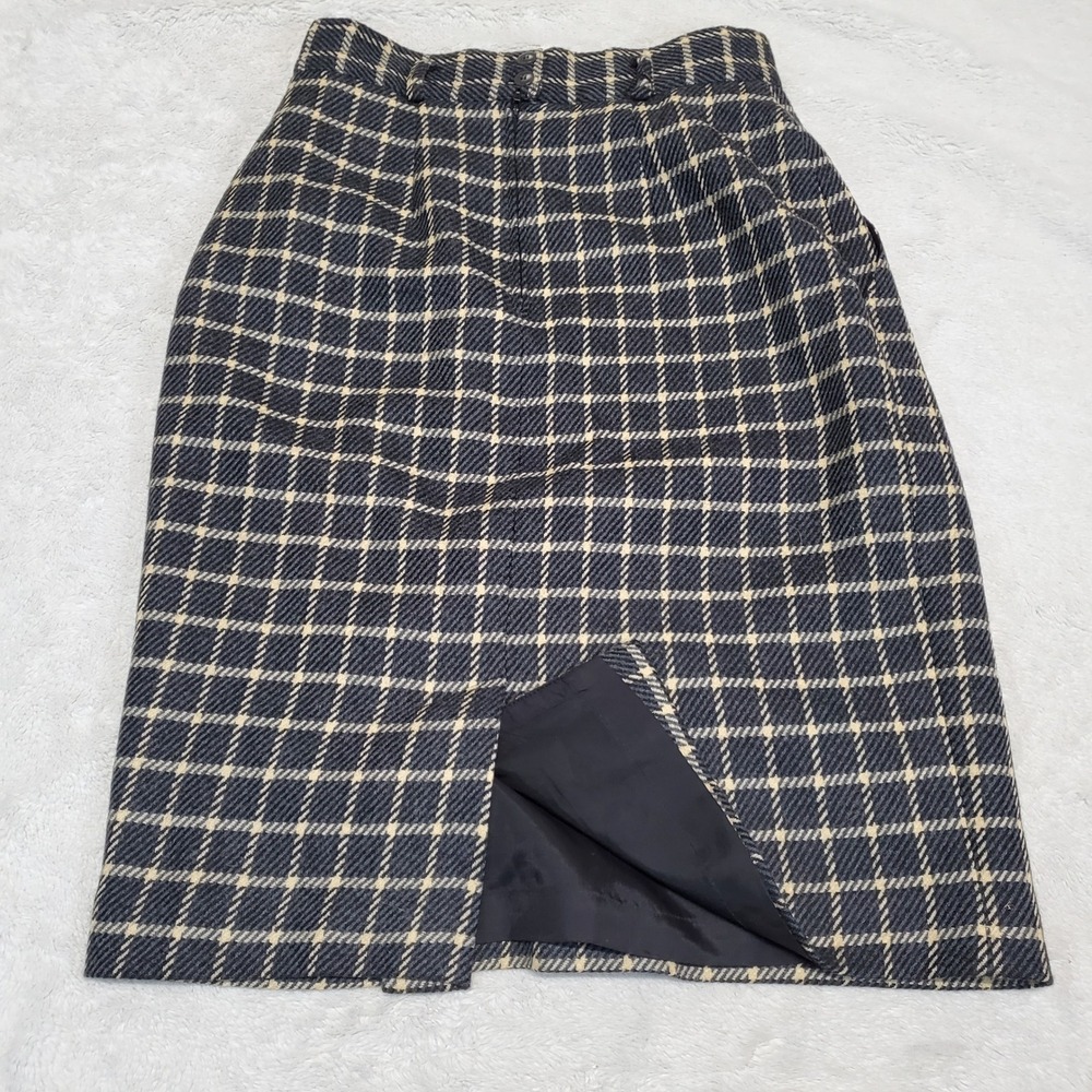 Jones New York Gray Cream Plaid Wool Skirt 10 Academia Classic Office Old Money - Picture 5 of 8
